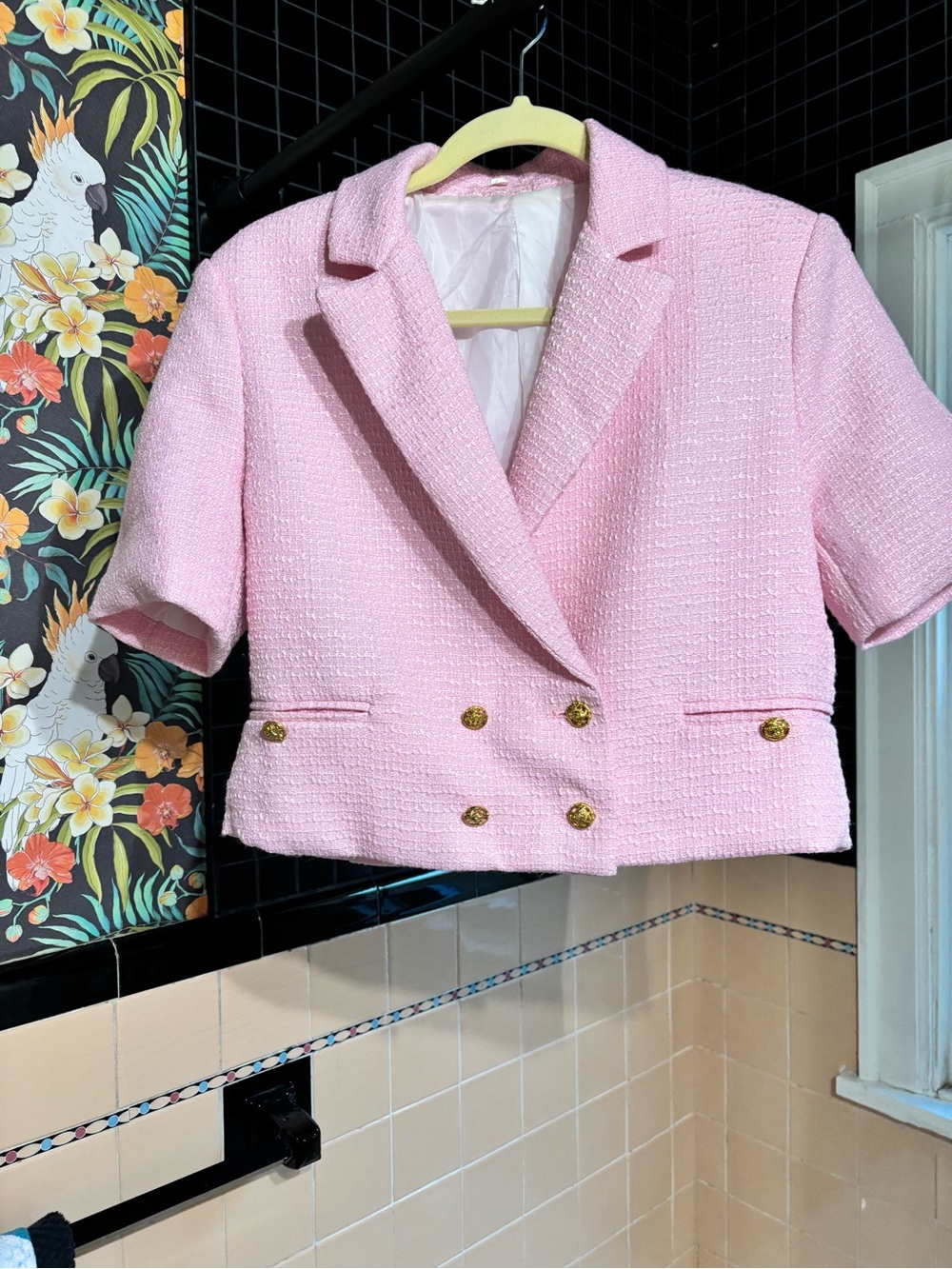 Pink Tweed Short Sleeve Double-Breasted Jacket - Womens